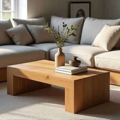 Artisan Oak Coffee Table with minimalist design shown in a bright living room