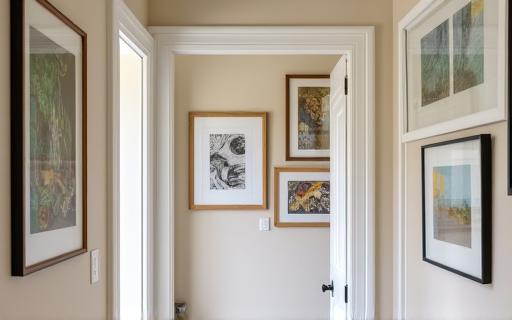 Beautifully arranged gallery wall in a hallway featuring diverse frames