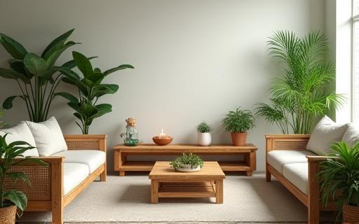 Room interior featuring eco-friendly furniture made from reclaimed wood and several green plants